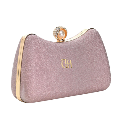 Velvet Pearl Clutch Pink Evening Bag with Detachable Chain Strap
