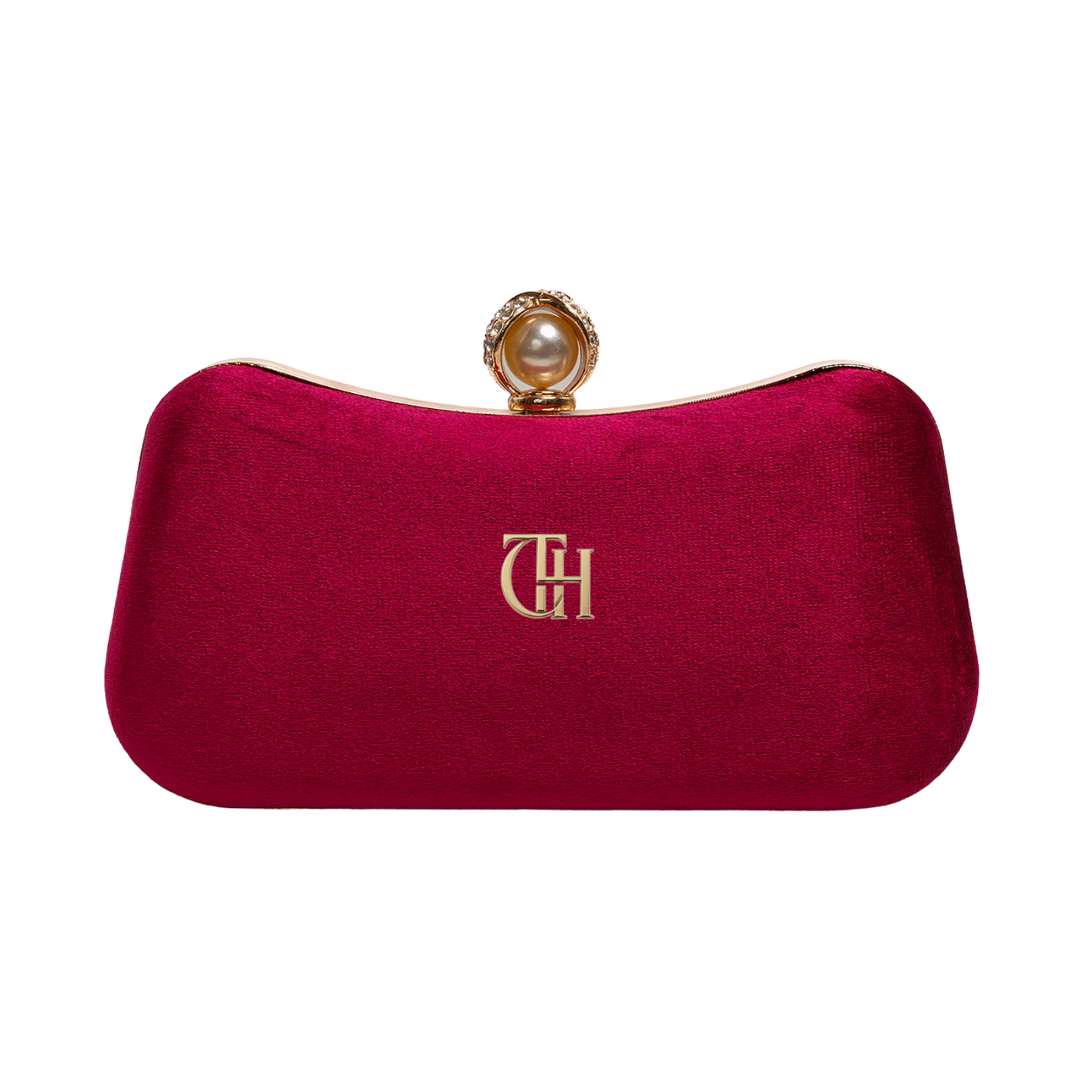 Red clutch bag with a gold clasp and logo on a white background