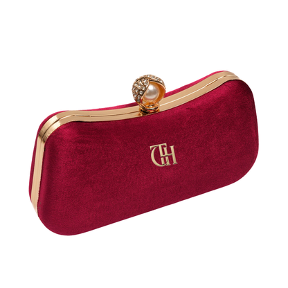 Velvet Pearl Clutch Red Evening Clutch with Chain Strap