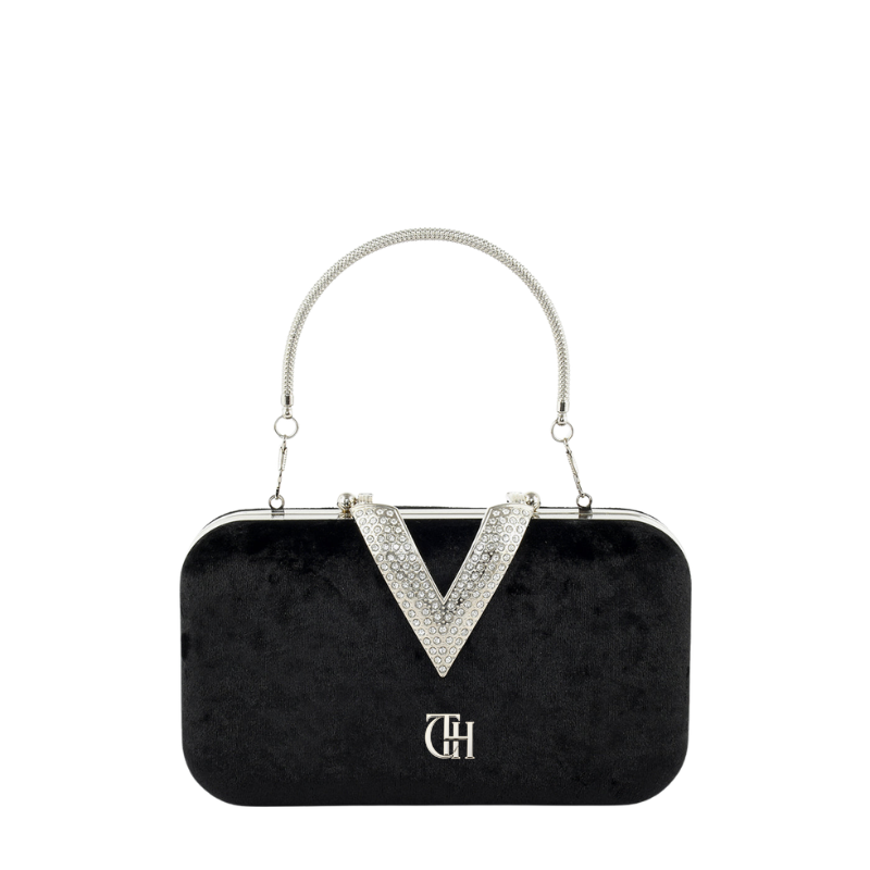 Womens Velour V Glam Black Evening Clutch with Crystal Accent