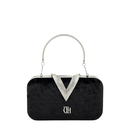 Womens Velour V Glam Black Evening Clutch with Crystal Accent