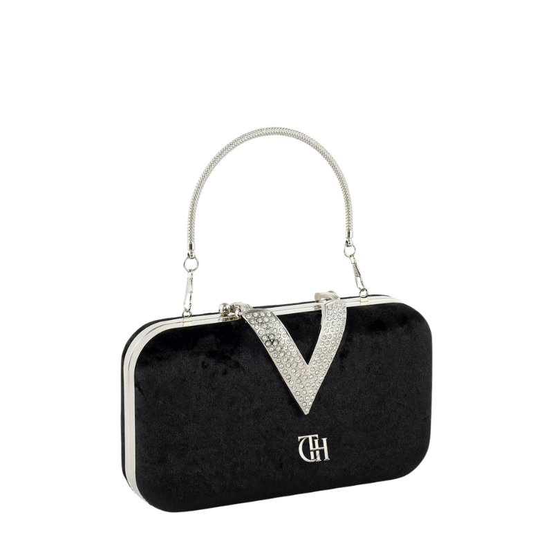 Womens Velour V Glam Black Evening Clutch with Crystal Accent
