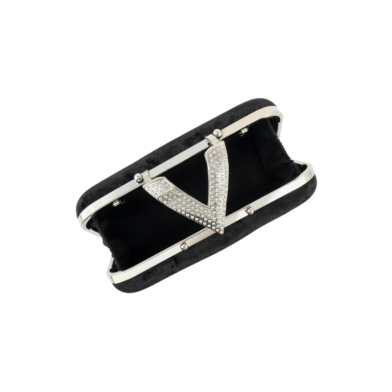 Womens Velour V Glam Black Evening Clutch with Crystal Accent