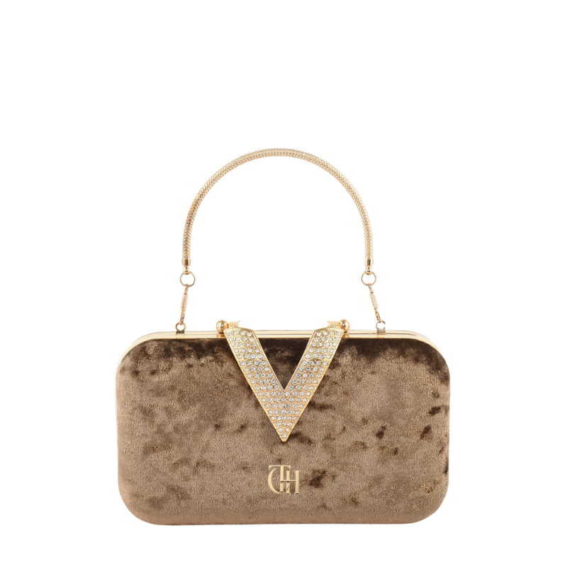 Womens Velour V Glam Brown Evening Clutch with Crystal Accent
