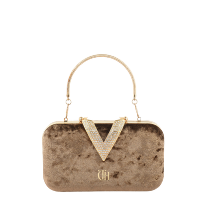 Womens Velour V Glam Brown Evening Clutch with Crystal Accent