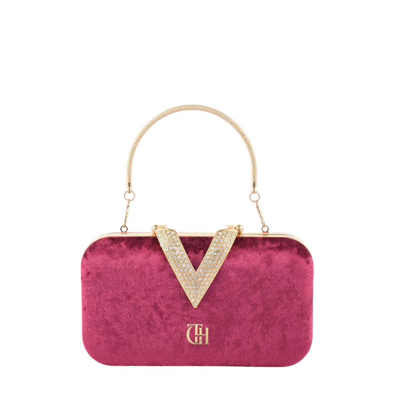 Womens Velour V Glam Pink Evening Clutch with Crystal Accent