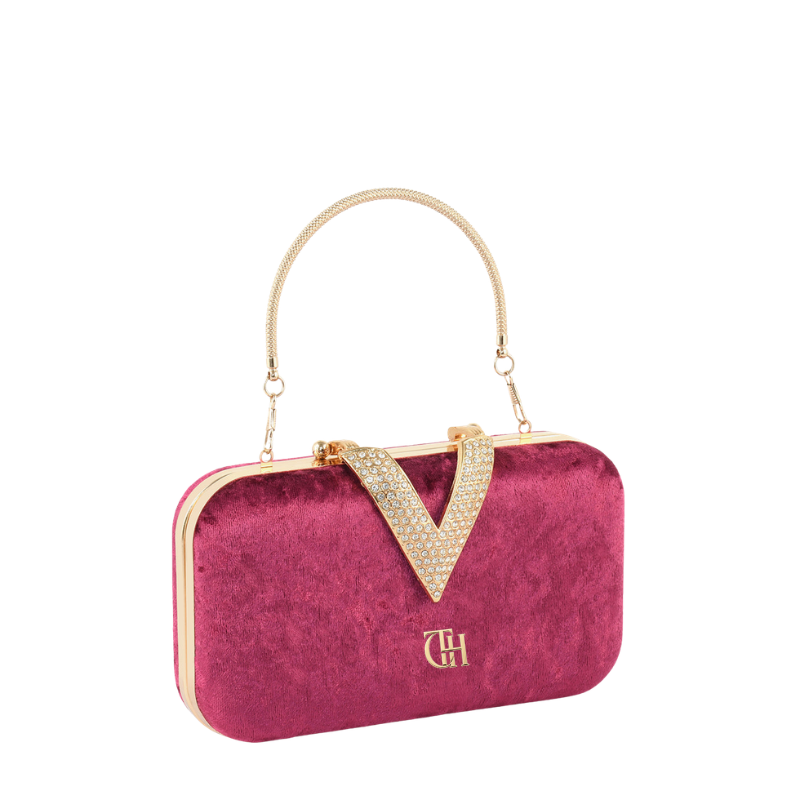 Womens Velour V Glam Pink Evening Clutch with Crystal Accent