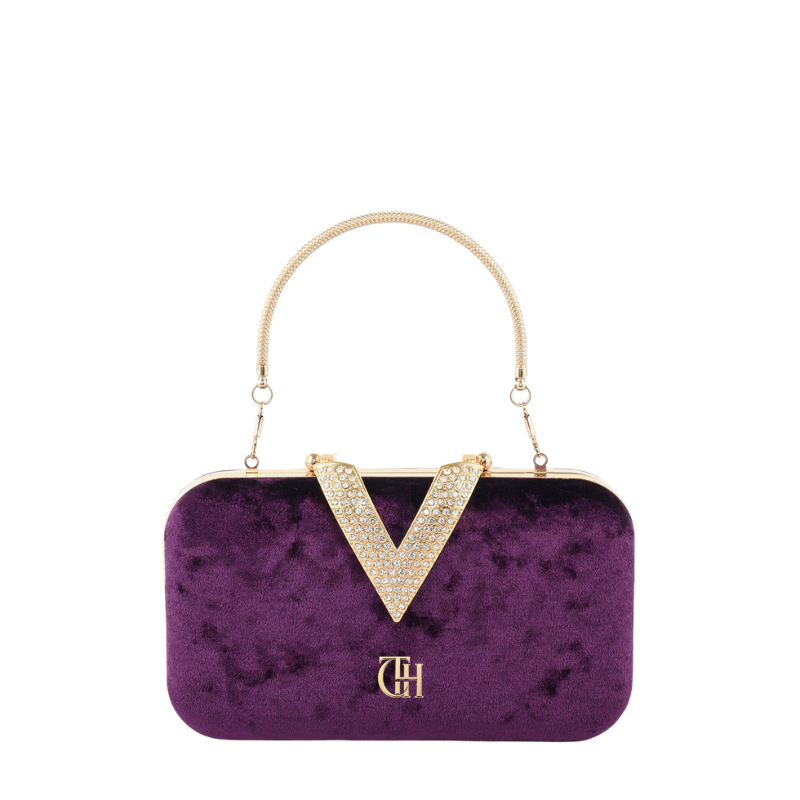 Womens Velour V Glam Purple Evening Clutch with Crystal Accent