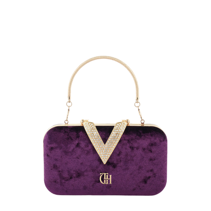 Womens Velour V Glam Purple Evening Clutch with Crystal Accent