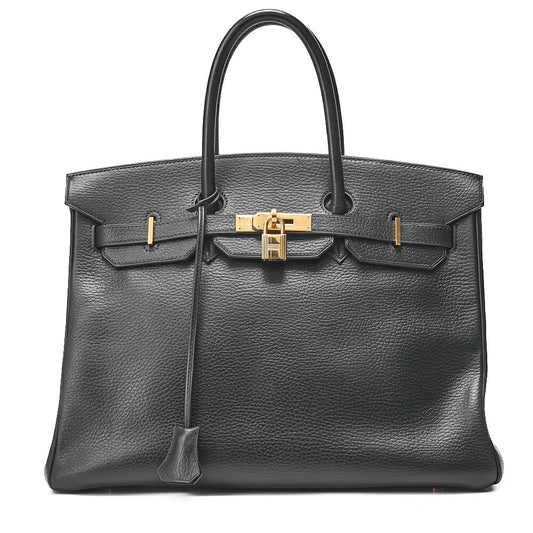 HERMES Birkin 35 Trion Handbag Black Gold-Tone Hardware, Pre-Owned